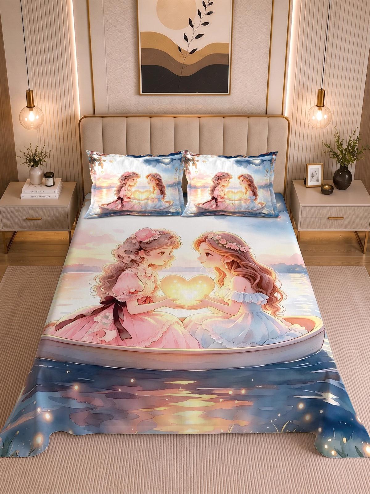 Homeful Style Canvas Stories Pictorial Printed 160 TC Bedsheet with 2 Pillow Covers