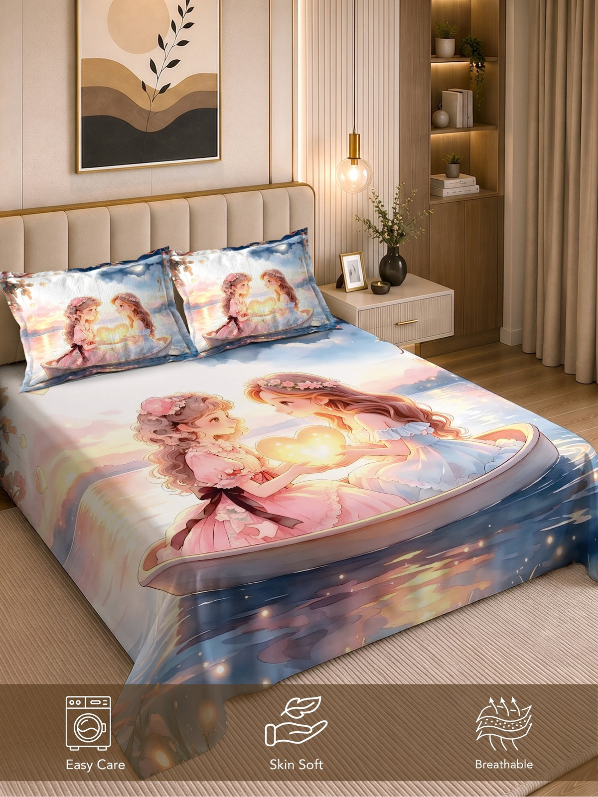 Homeful Style Canvas Stories Pictorial Printed 160 TC Bedsheet with 2 Pillow Covers
