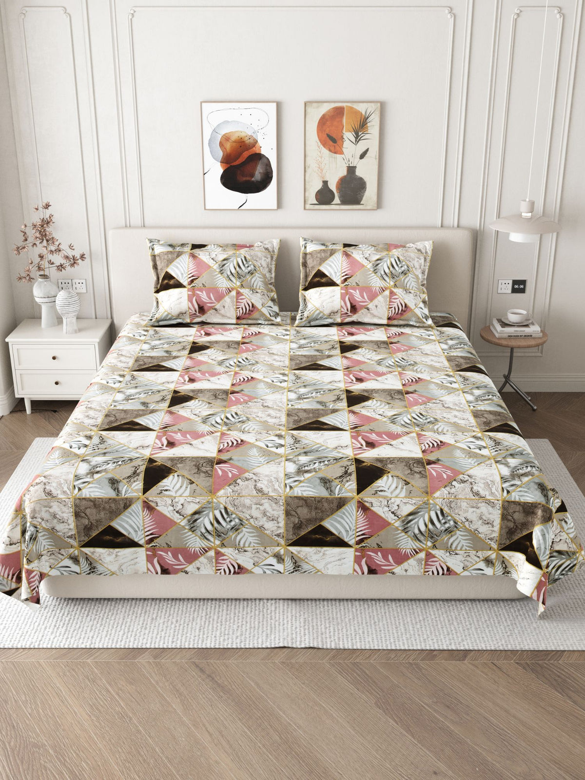 Daisy 130 GSM Microfiber Geometric Queen Size Bedsheet with 2 Pillow Covers – Brown