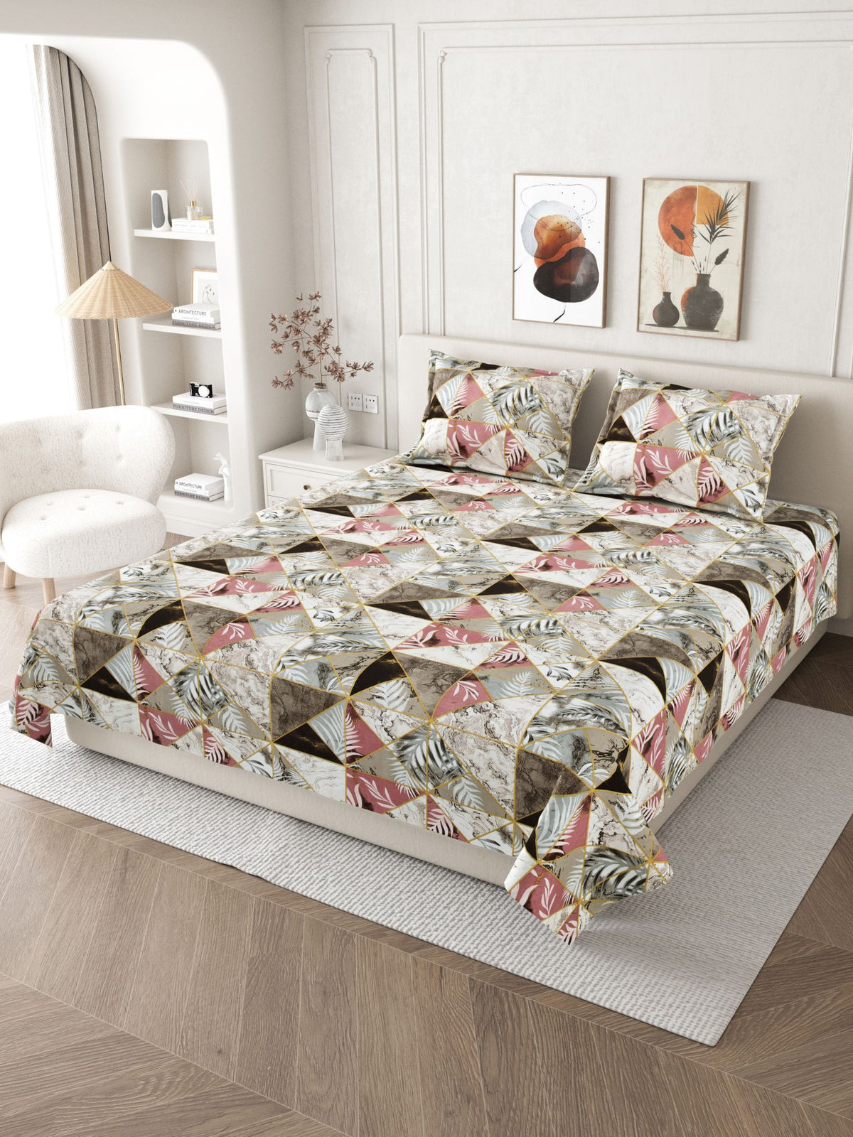 Daisy 130 GSM Microfiber Geometric Queen Size Bedsheet with 2 Pillow Covers – Brown