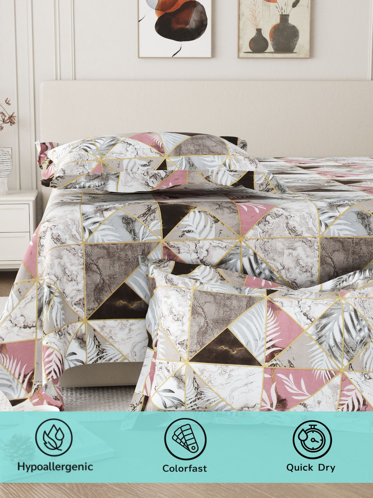 Daisy 130 GSM Microfiber Geometric Queen Size Bedsheet with 2 Pillow Covers – Brown
