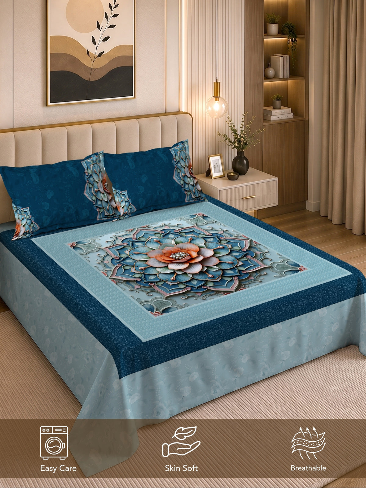 Homeful Style Living Canvas Floral Print 160 TC Bedsheet with 2 Pillow Covers