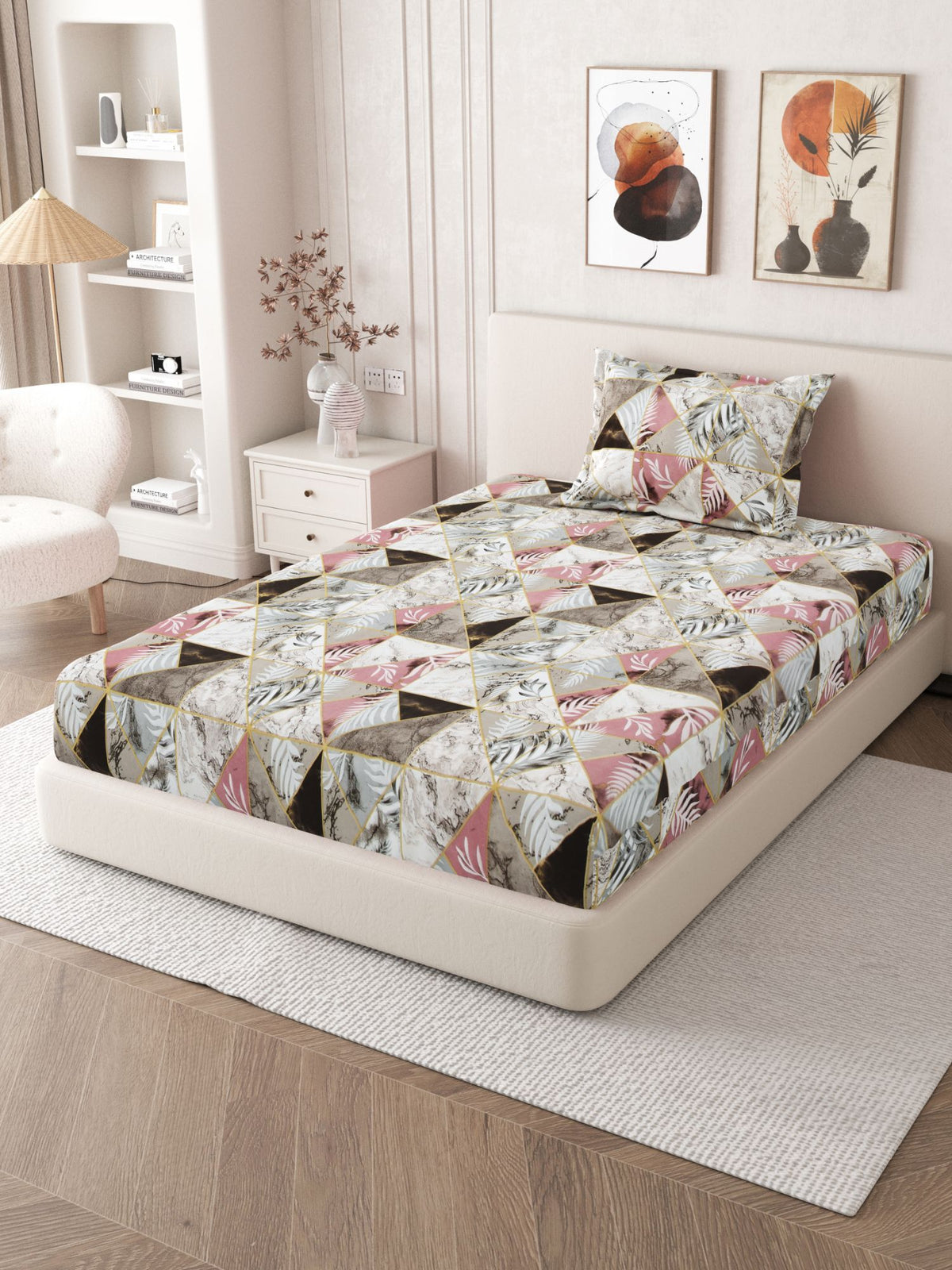 Daisy 130 GSM Microfiber Geometric Queen Size Bedsheet with 2 Pillow Covers – Brown