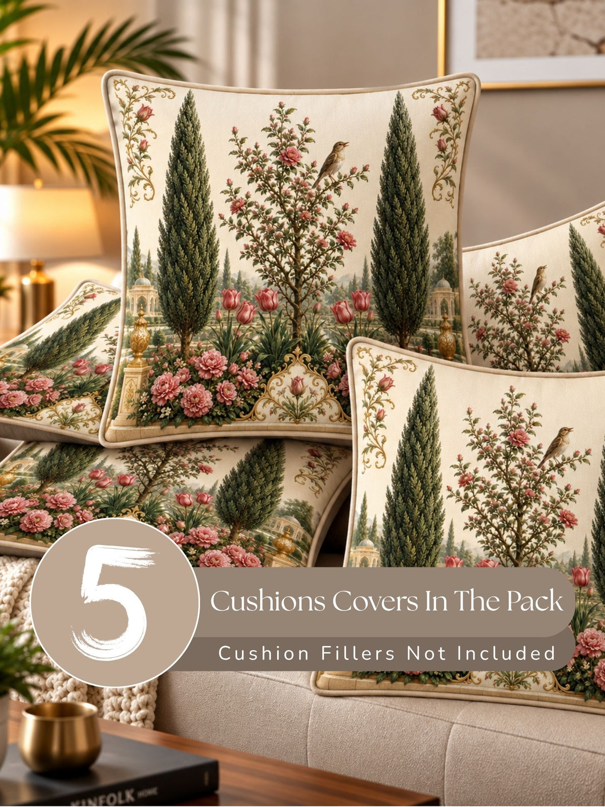 Botanical Garden Micropeach Pack of 5 Cushion Covers (40 x 40 cm )
