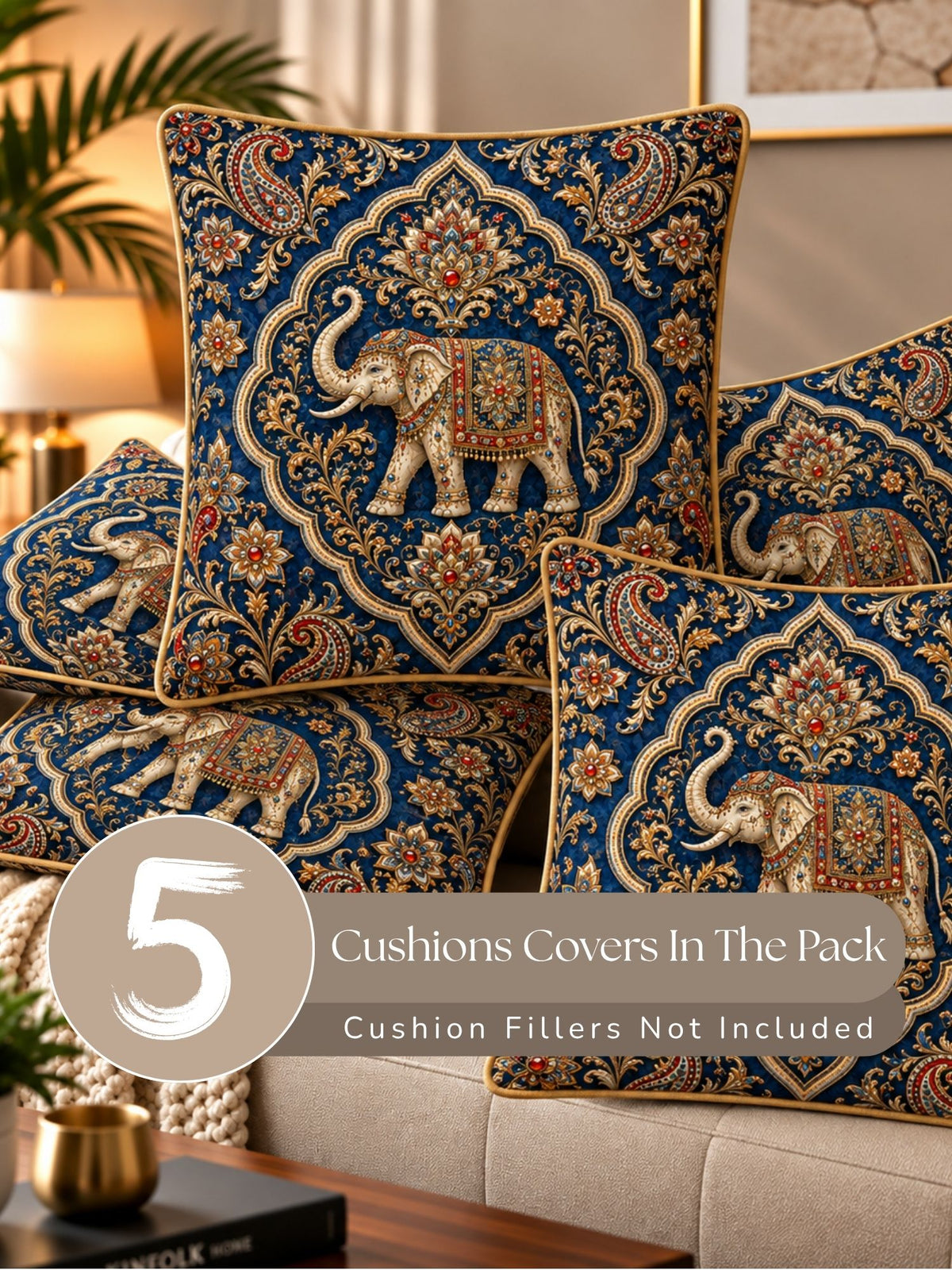 Bejeweled Micropeach Pack of 5 Cushion Covers (40 x 40 cm) - Navy