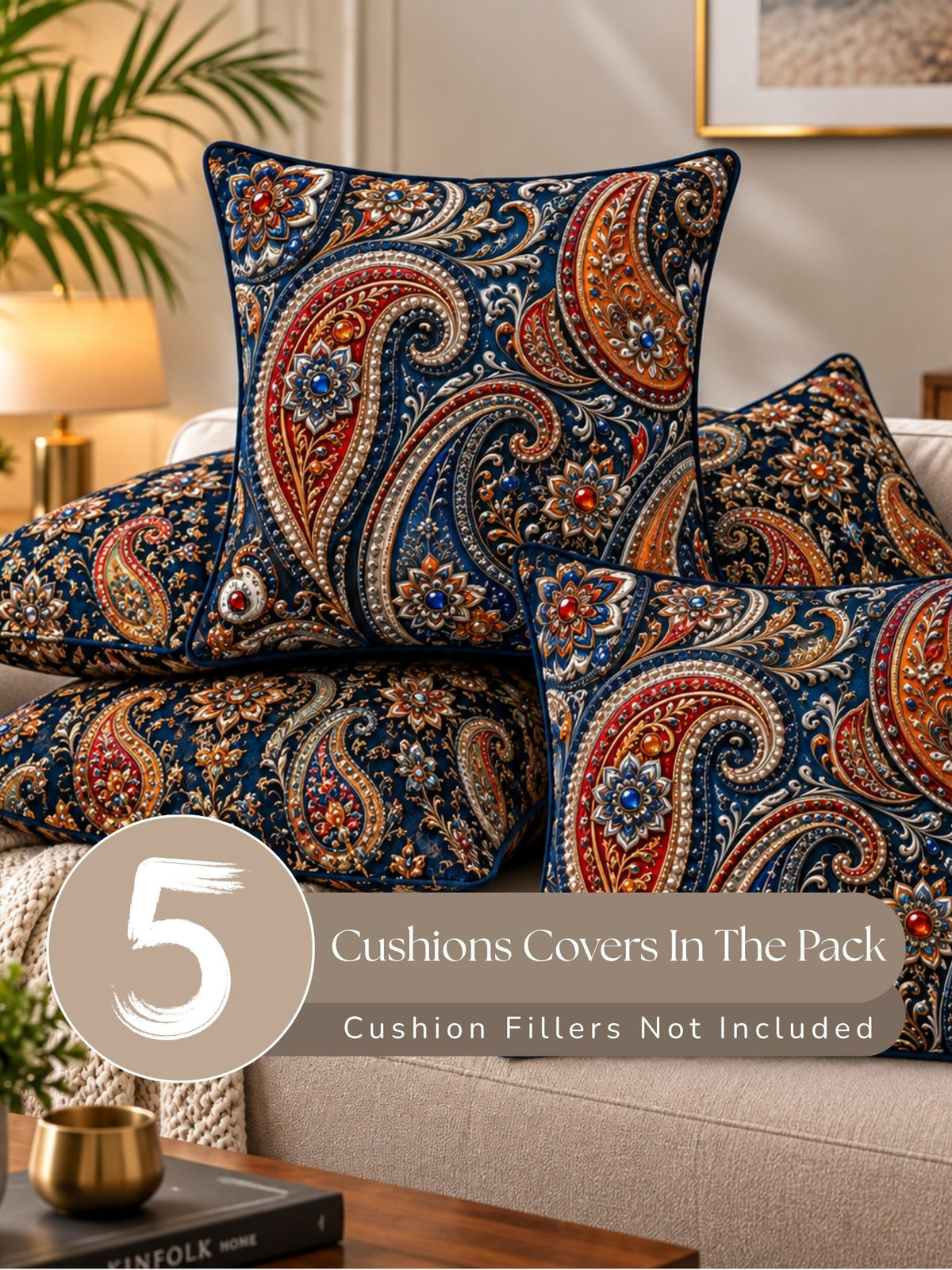 Bejeweled Micropeach Pack of 5 Cushion Covers (40 x 40 cm) - Navy