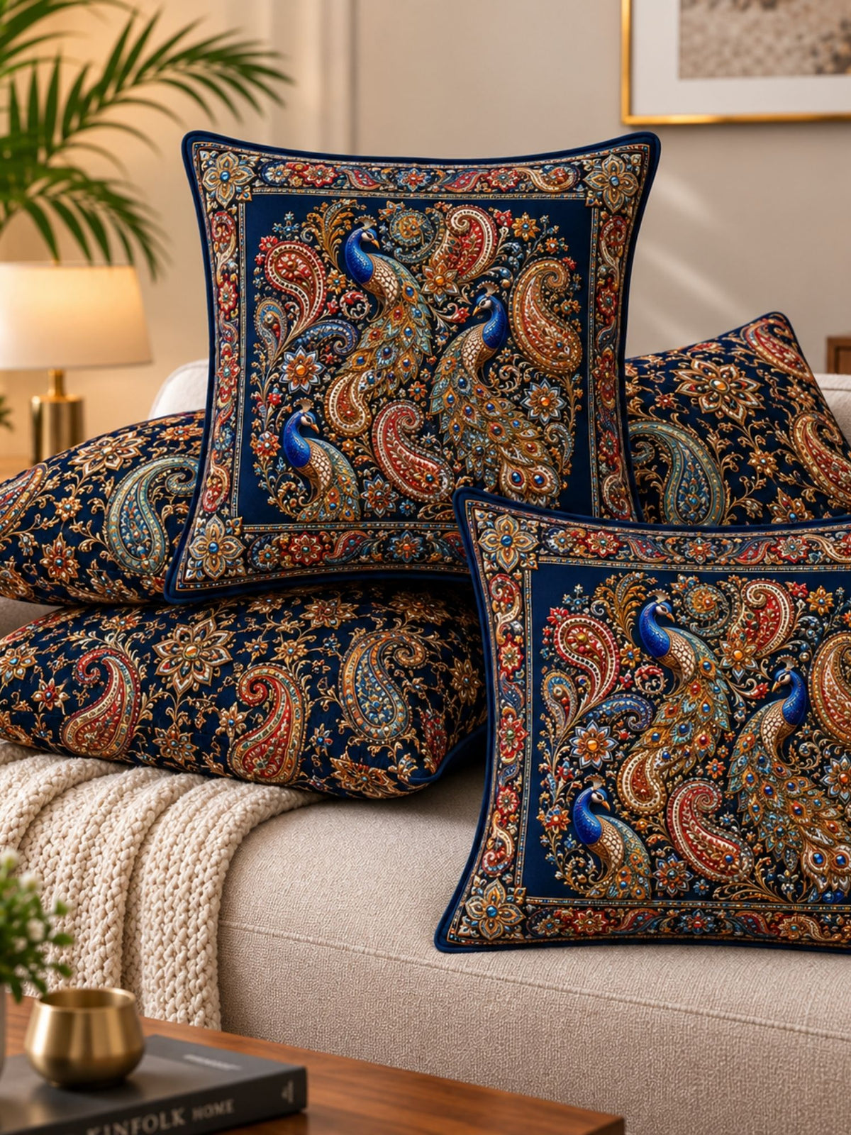 Bejeweled Micropeach Pack of 5 Cushion Covers (40 x 40 cm) - Navy