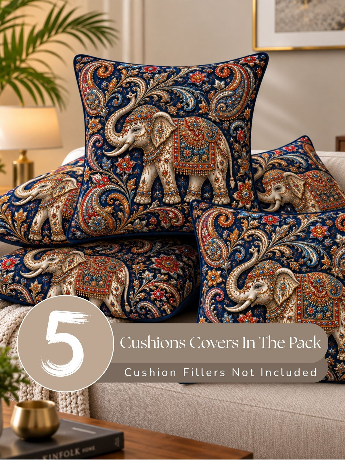 Bejeweled Micropeach Pack of 5 Cushion Covers (40 x 40 cm) - Navy