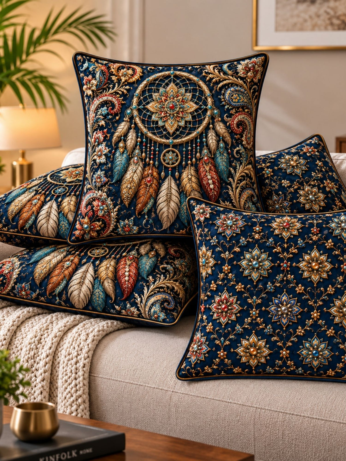 Bejeweled Micropeach Pack of 5 Cushion Covers (40 x 40 cm) - Navy