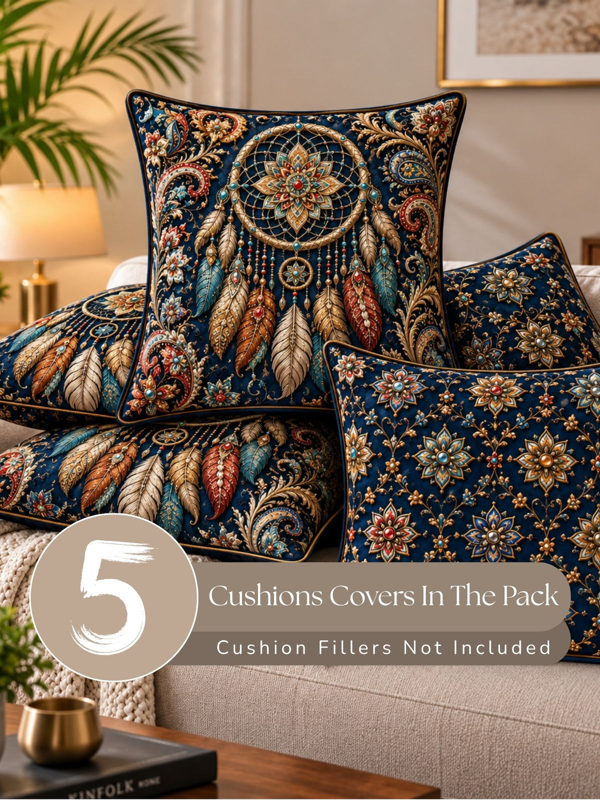 Bejeweled Micropeach Pack of 5 Cushion Covers (40 x 40 cm) - Navy