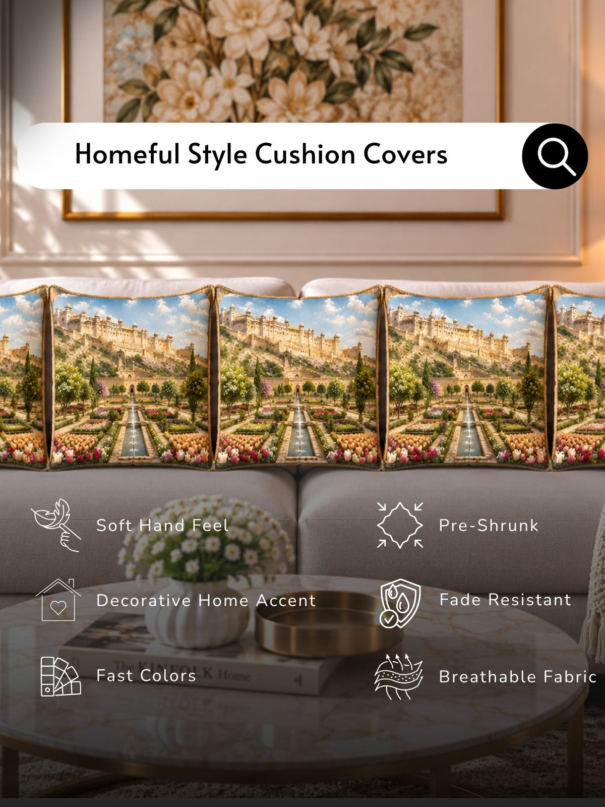 Palace Garden Micropeach Pack of 5 Cushion Covers (40 x 40 cm )
