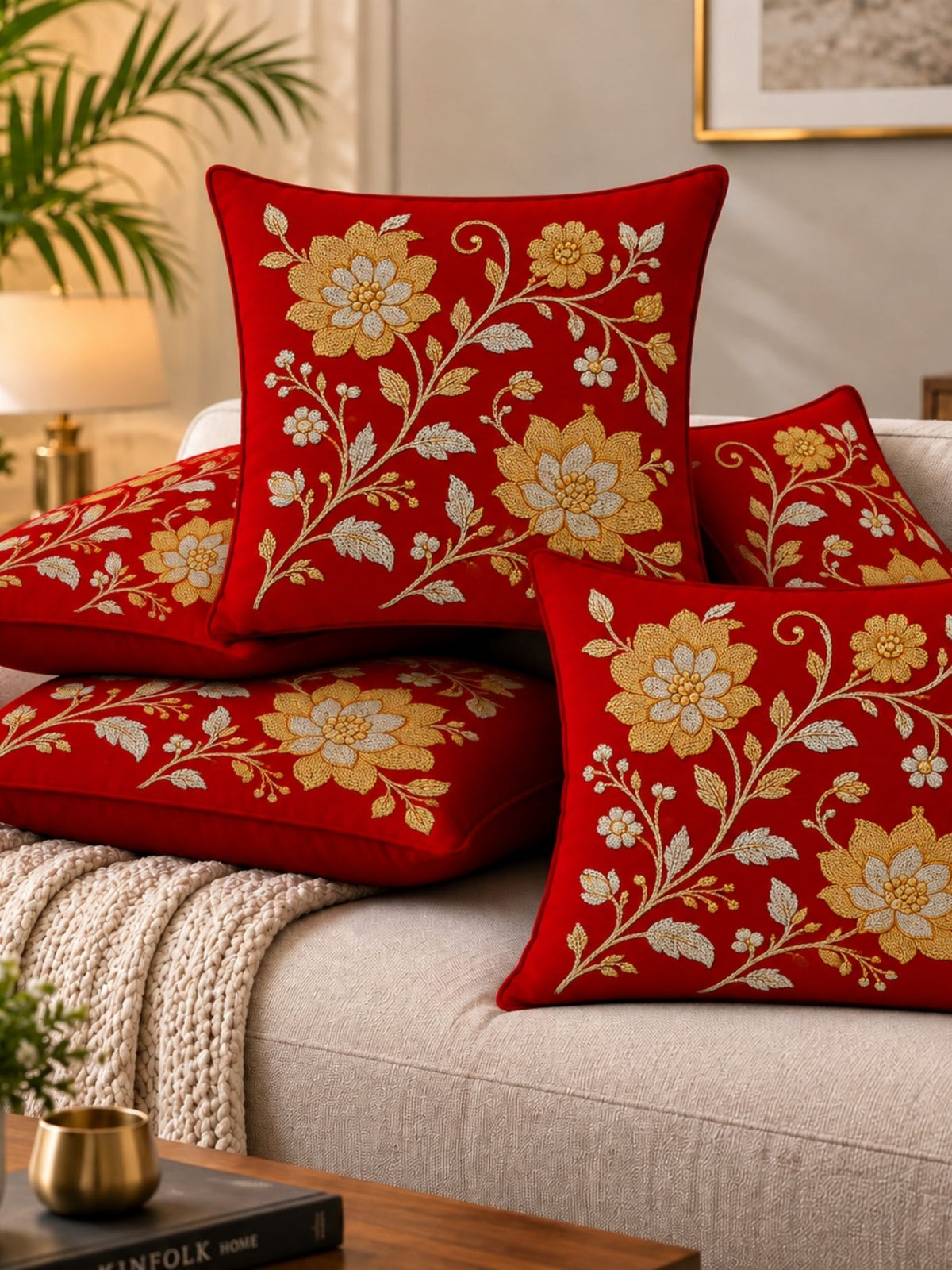 Regal Textures Micropeach Ethnic Motif Print Pack of 5 Cushion Covers (40 x 40 cm) - Red