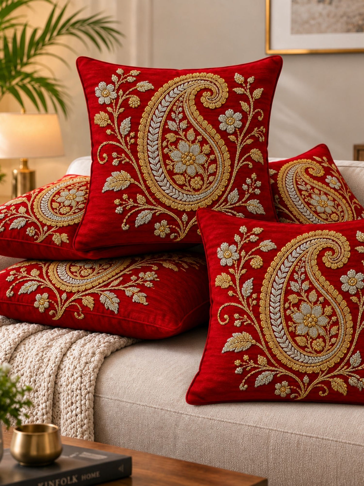 Regal Textures Micropeach Ethnic Motif Print Pack of 5 Cushion Covers (40 x 40 cm) - Red