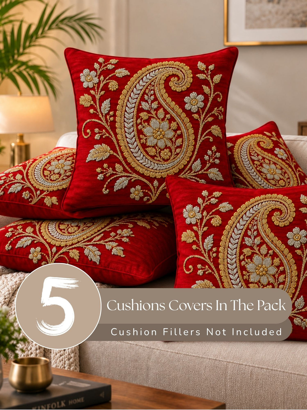 Regal Textures Micropeach Ethnic Motif Print Pack of 5 Cushion Covers (40 x 40 cm) - Red