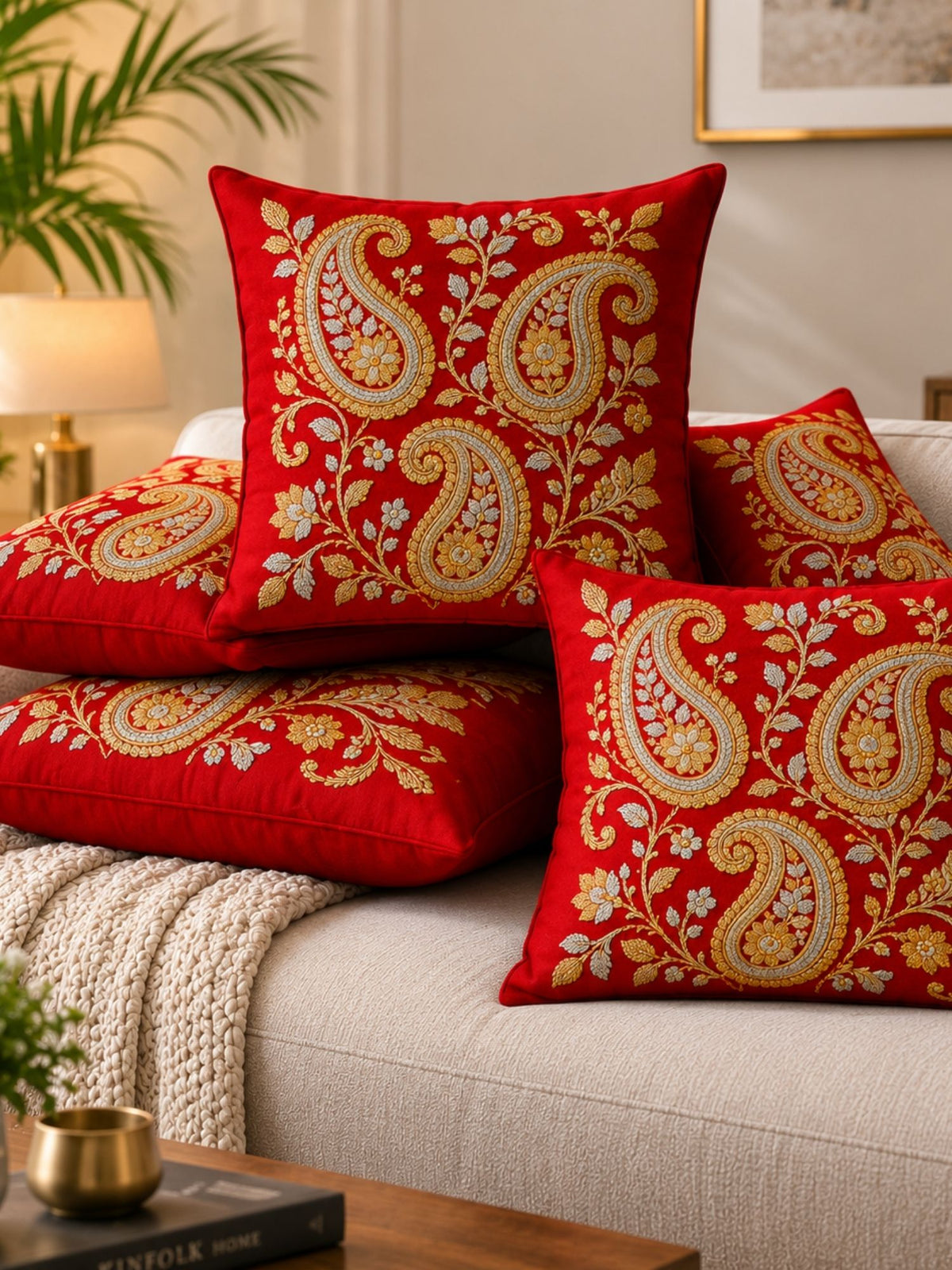 Regal Textures Micropeach Ethnic Motif Print Pack of 5 Cushion Covers (40 x 40 cm) - Red