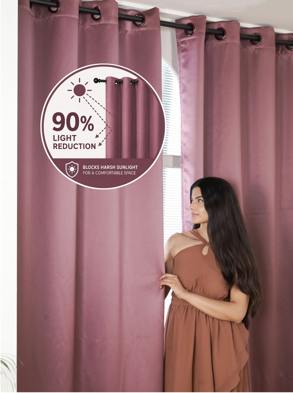 Rose 280 GSM Polyester Solid  90% Blackout Eyelet Curtain