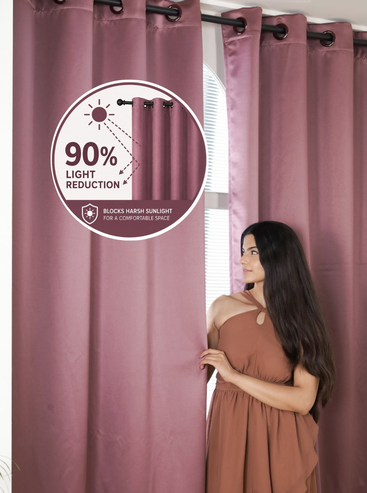 Rose 280 GSM Polyester Solid  90% Blackout Eyelet Curtain