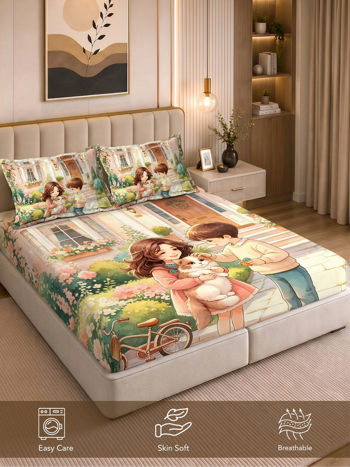 Homeful Style Canvas Stories Pictorial Printed 160 TC Bedsheet with 2 Pillow Covers