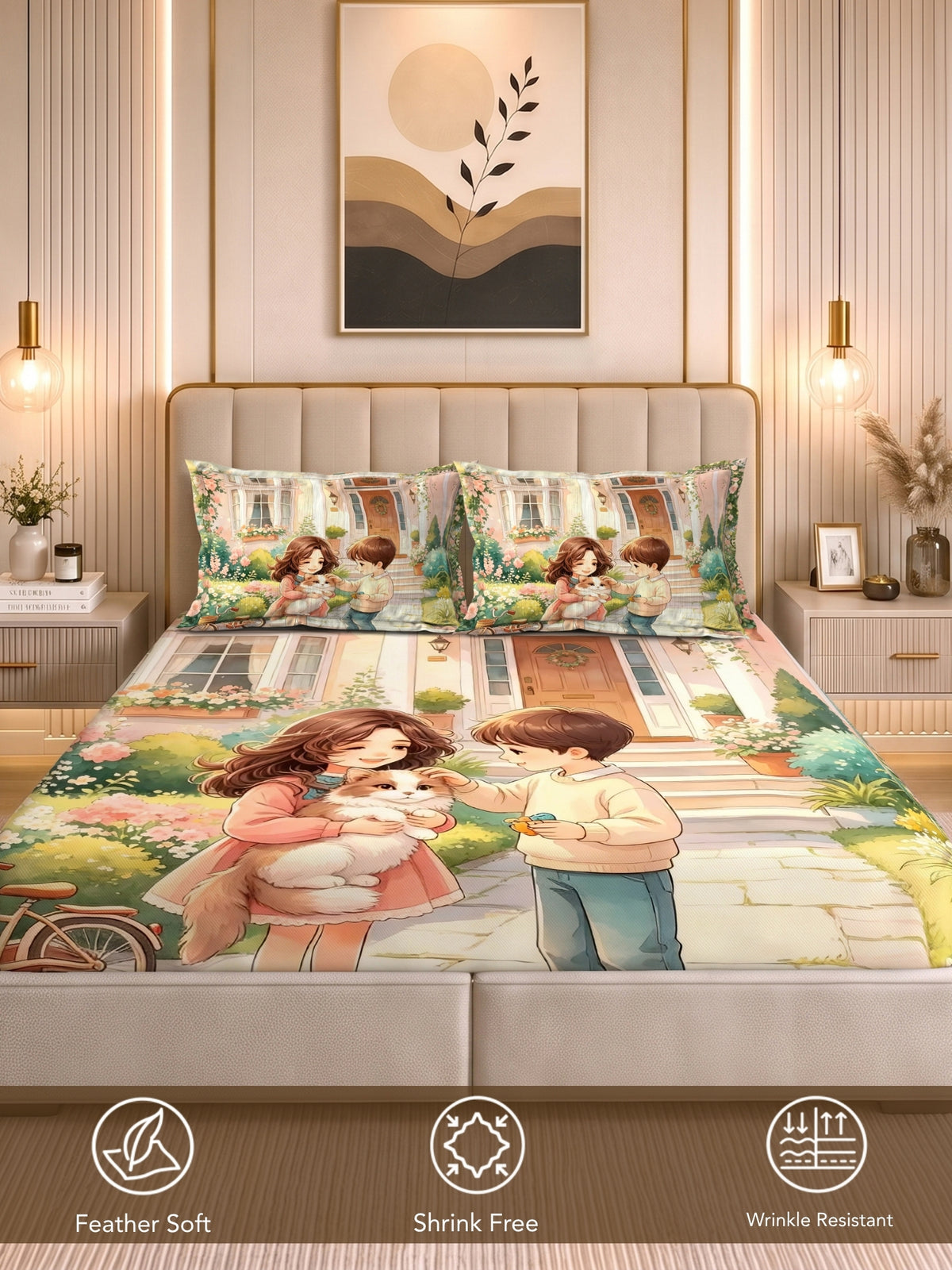Homeful Style Canvas Stories Pictorial Printed 160 TC Bedsheet with 2 Pillow Covers