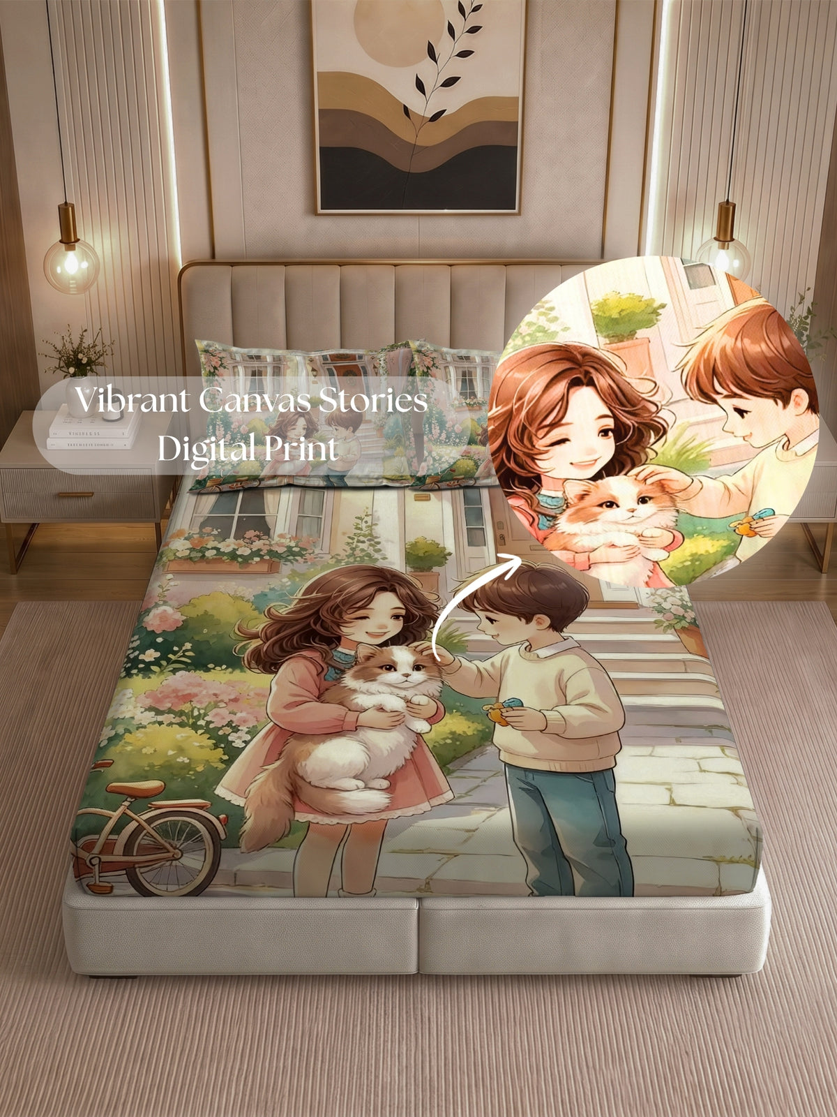 Homeful Style Canvas Stories Pictorial Printed 160 TC Bedsheet with 2 Pillow Covers