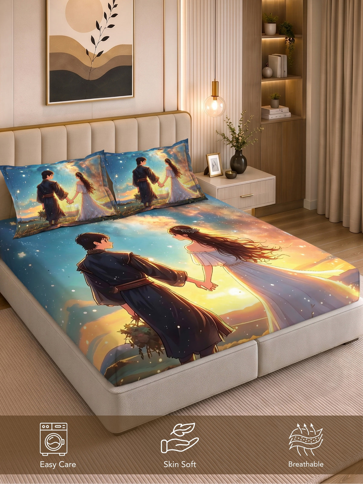 Homeful Style Canvas Stories Pictorial Printed 160 TC Bedsheet with 2 Pillow Covers