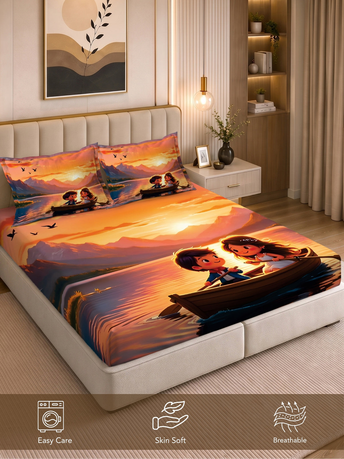 Homeful Style Canvas Stories Pictorial Printed 160 TC Bedsheet with 2 Pillow Covers