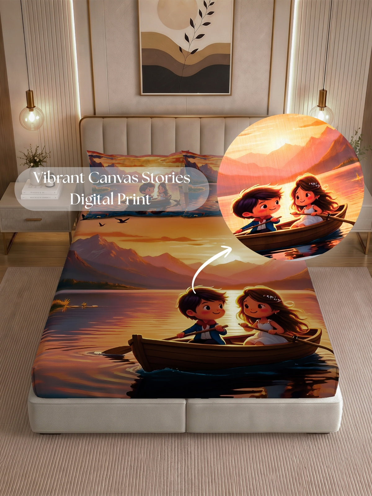 Homeful Style Canvas Stories Pictorial Printed 160 TC Bedsheet with 2 Pillow Covers