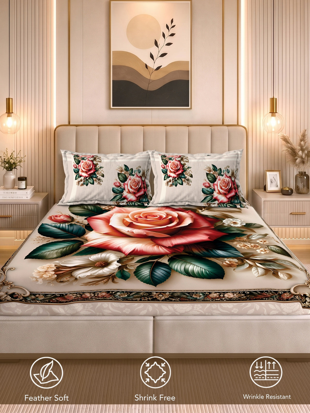 Homeful Style Living Canvas Floral Print 160 TC Bedsheet with 2 Pillow Covers