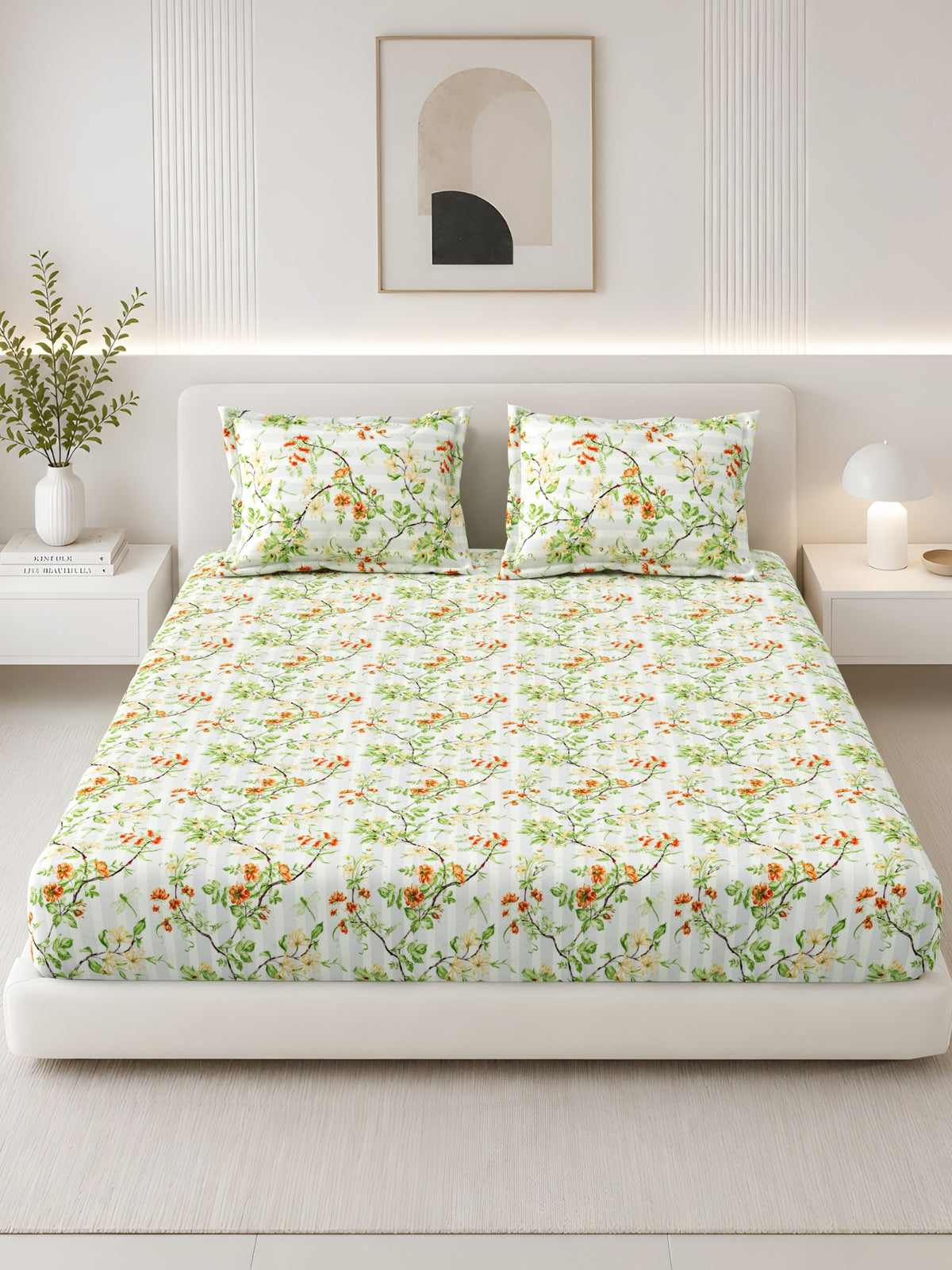 Lotus 100% Cotton 120 TC King Size Fitted Bedsheet with 2 Pillow Covers
