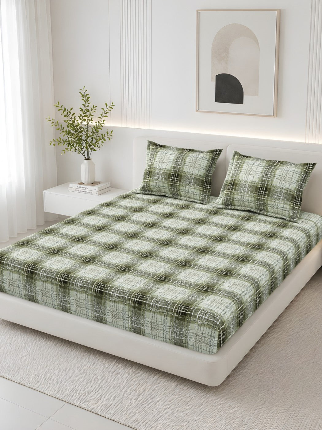 Lotus 100% Cotton 120 TC King Size Fitted Bedsheet with 2 Pillow Covers