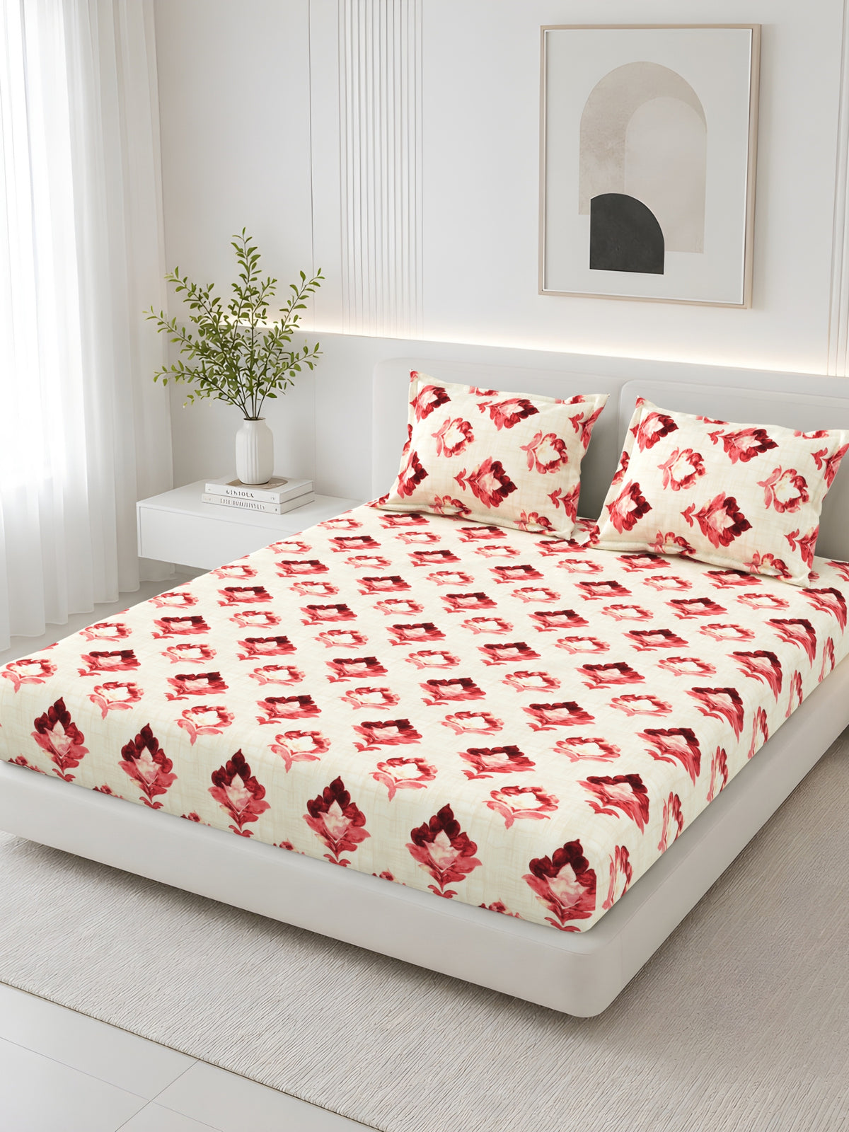Lotus 100% Cotton 120 TC King Size Fitted Bedsheet with 2 Pillow Covers