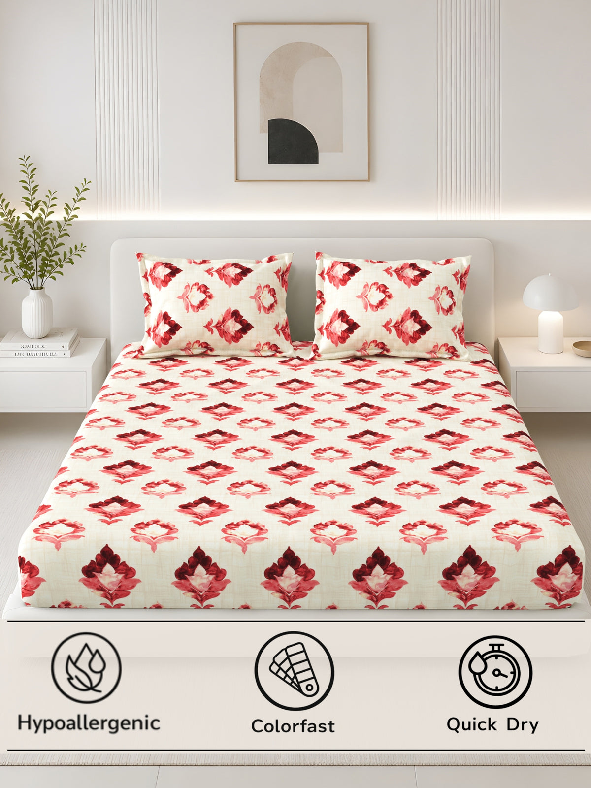 Lotus 100% Cotton 120 TC King Size Fitted Bedsheet with 2 Pillow Covers