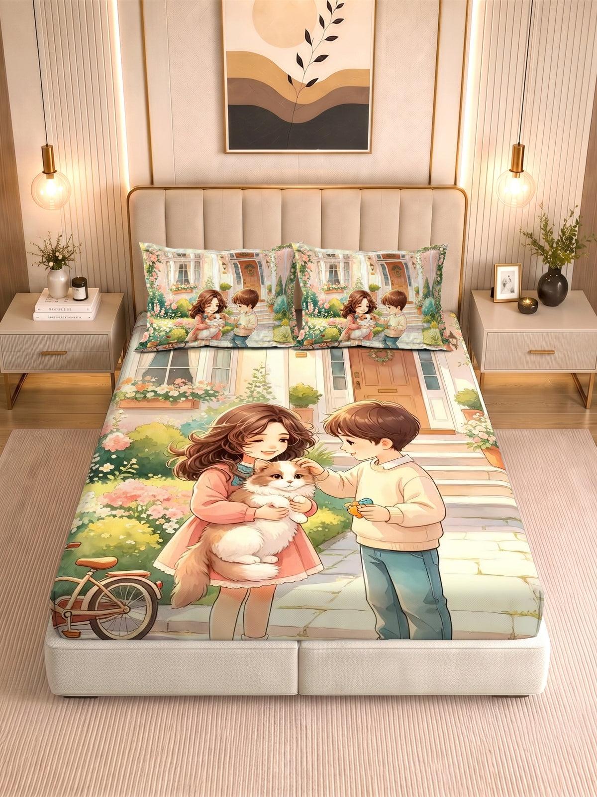 Homeful Style Canvas Stories Pictorial Printed 160 TC Bedsheet with 2 Pillow Covers
