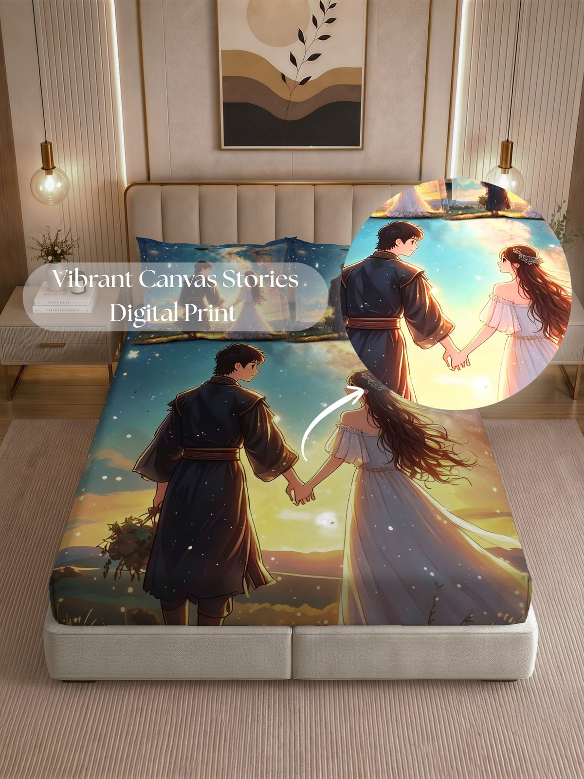 Homeful Style Canvas Stories Pictorial Printed 160 TC Bedsheet with 2 Pillow Covers