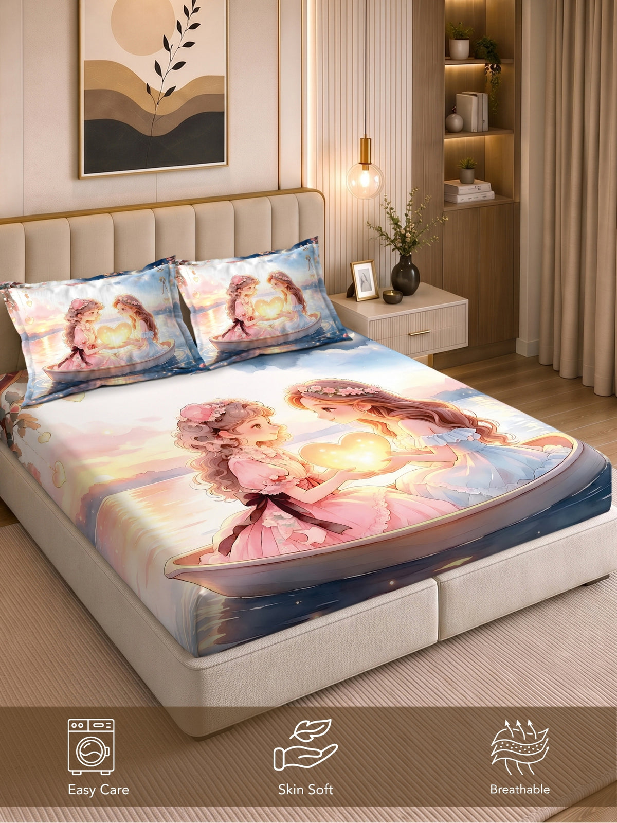 Homeful Style Canvas Stories Pictorial Printed 160 TC Bedsheet with 2 Pillow Covers