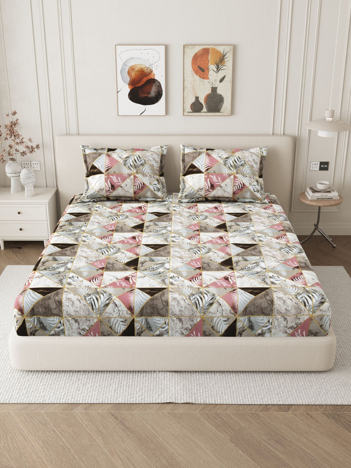 Daisy 130 GSM Microfiber Geometric Queen Size Bedsheet with 2 Pillow Covers – Brown