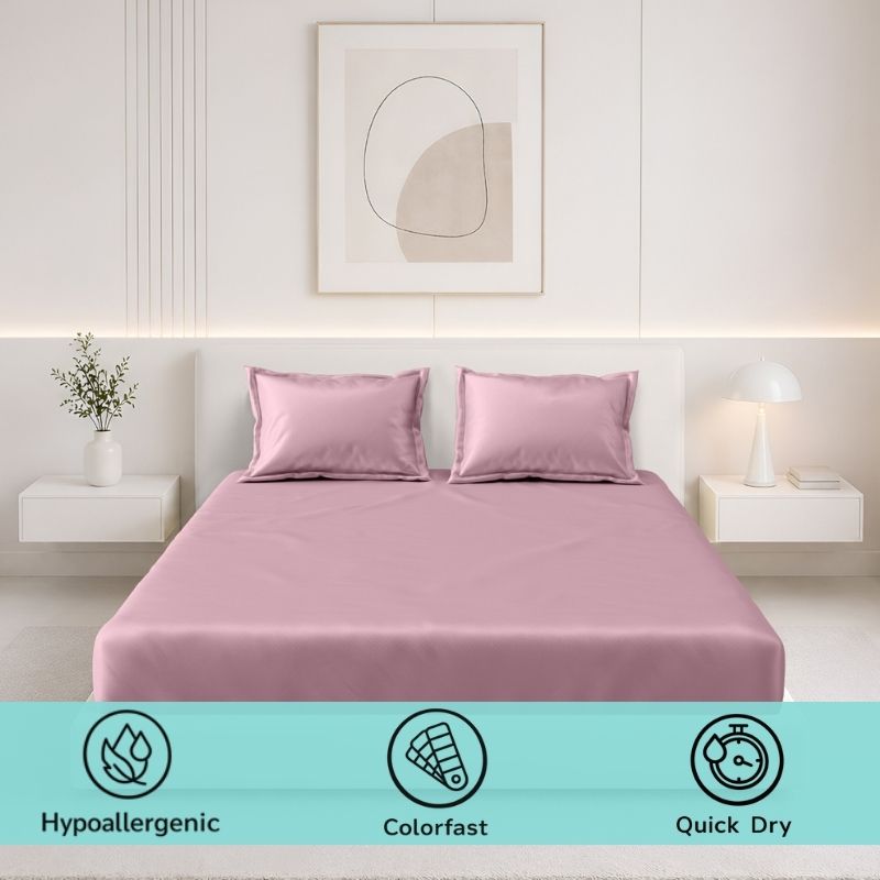 Satin Fantasy  125 GSM Microfiber King Size Bedsheet  with 2 Pillow Covers - Pink