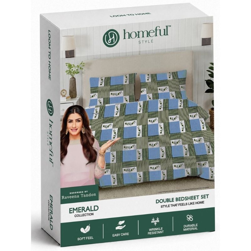 Emerald 90 GSM Microfiber Geometric Queen Size Bedsheet with 2 Pillow Covers – Green