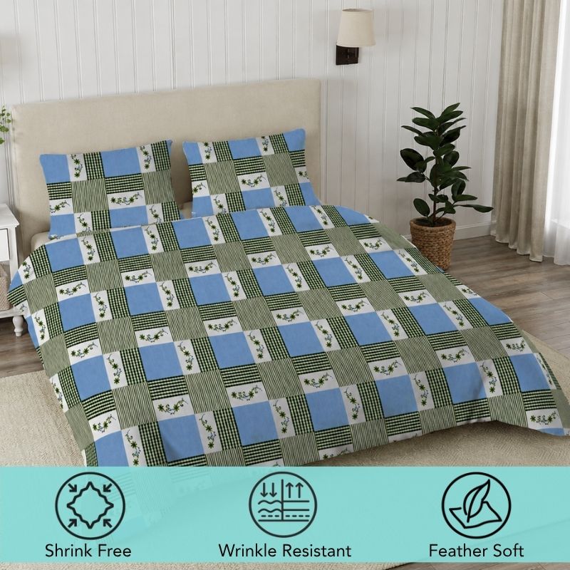 Emerald 90 GSM Microfiber Geometric Queen Size Bedsheet with 2 Pillow Covers – Green