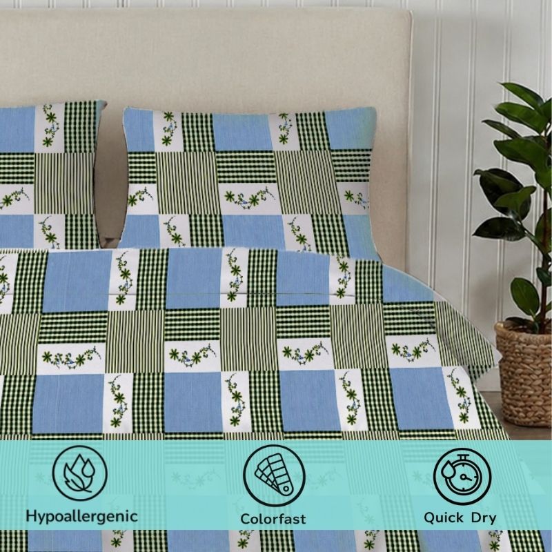 Emerald 90 GSM Microfiber Geometric Queen Size Bedsheet with 2 Pillow Covers – Green