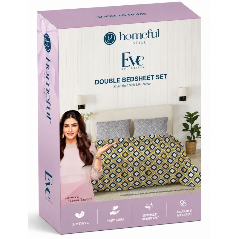 Eve 115 GSM Microfiber Geometric Queen Size Bedsheet with 2 Pillow Covers – Mustard