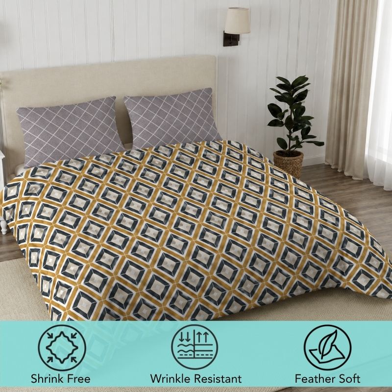 Eve 115 GSM Microfiber Geometric Queen Size Bedsheet with 2 Pillow Covers – Mustard