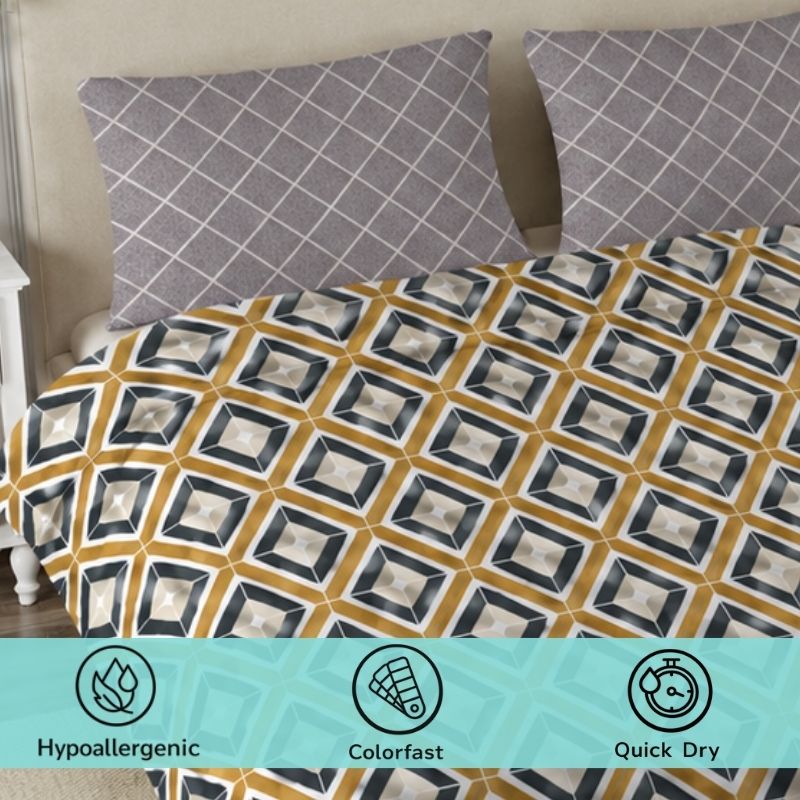 Eve 115 GSM Microfiber Geometric Queen Size Bedsheet with 2 Pillow Covers – Mustard