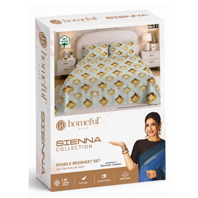 Sienna 120 TC 100% Cotton Queen Size Bedsheet with 2 Pillow Covers - Gold