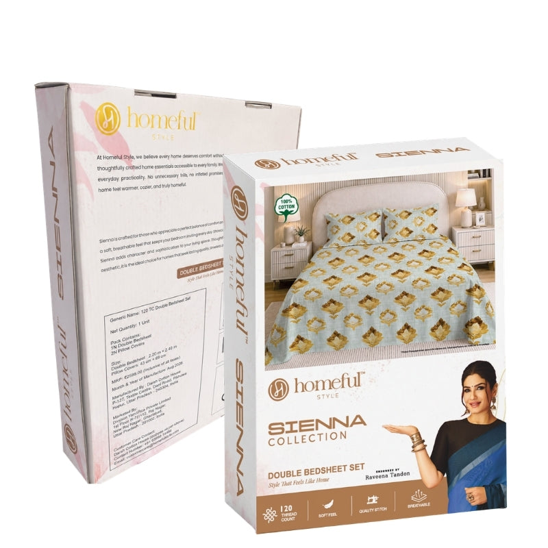 Sienna 120 TC 100% Cotton Queen Size Bedsheet with 2 Pillow Covers - Gold