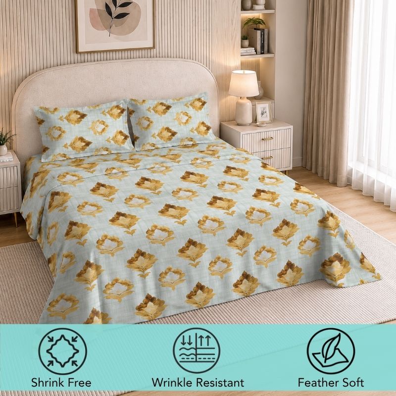 Sienna 120 TC 100% Cotton Queen Size Bedsheet with 2 Pillow Covers - Gold